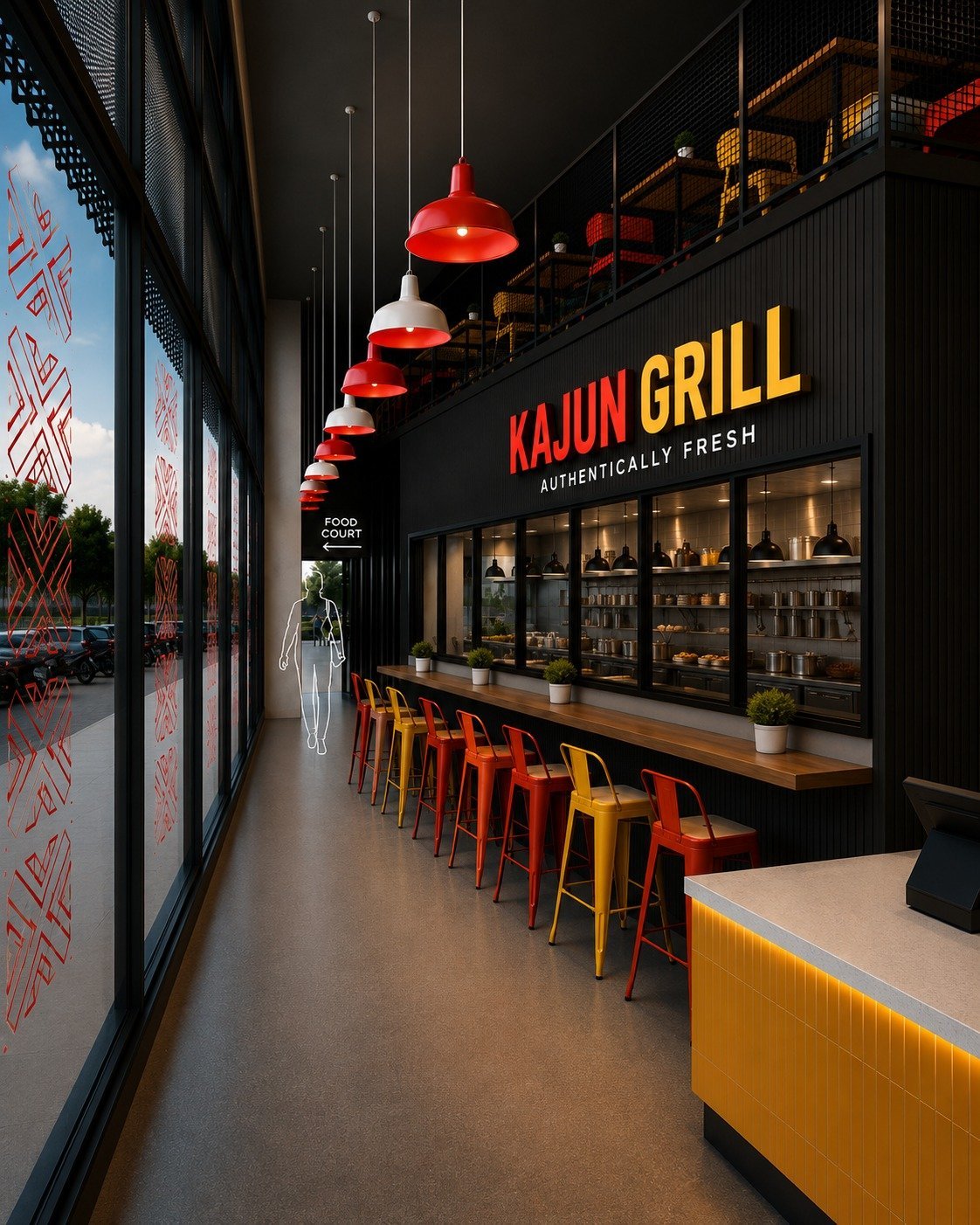 Render de Kajun Grill con luces colgantes rojas, taburetes rojos y amarillos y muros negros