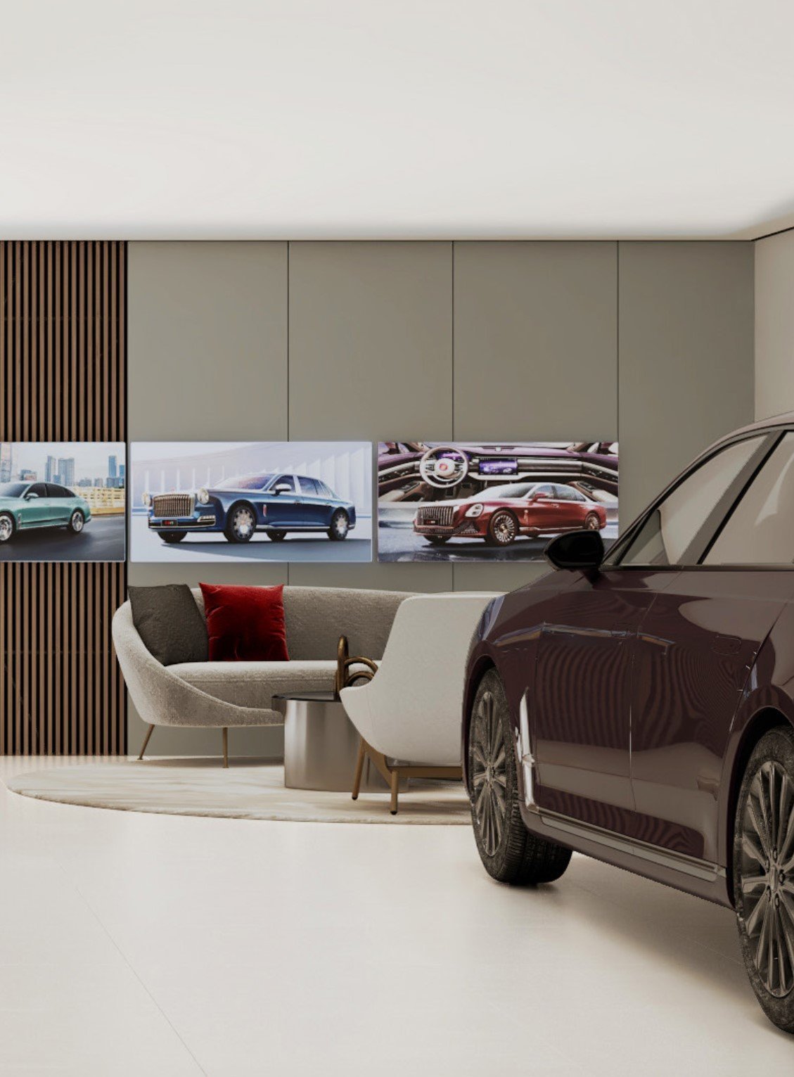 Interior de showroom automotriz con pantalla de autos, sillón crema y cojín rojo